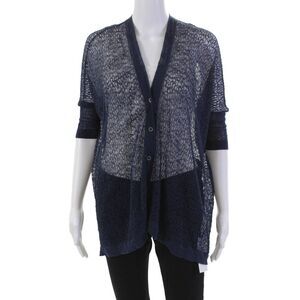 D. Exterior Womens Linen Short Sleeves Cardigan Sweater Navy Blue Size Small